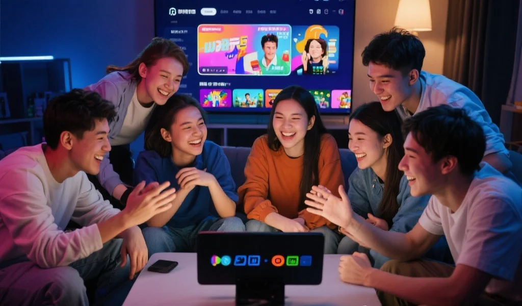 一群年轻人围在一起，愉快地在数字娱乐平台上互动和交流，屏幕上显示丰富多彩的娱乐内容